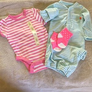 Pink and White Onesie, Socks, and Blue and White Gown